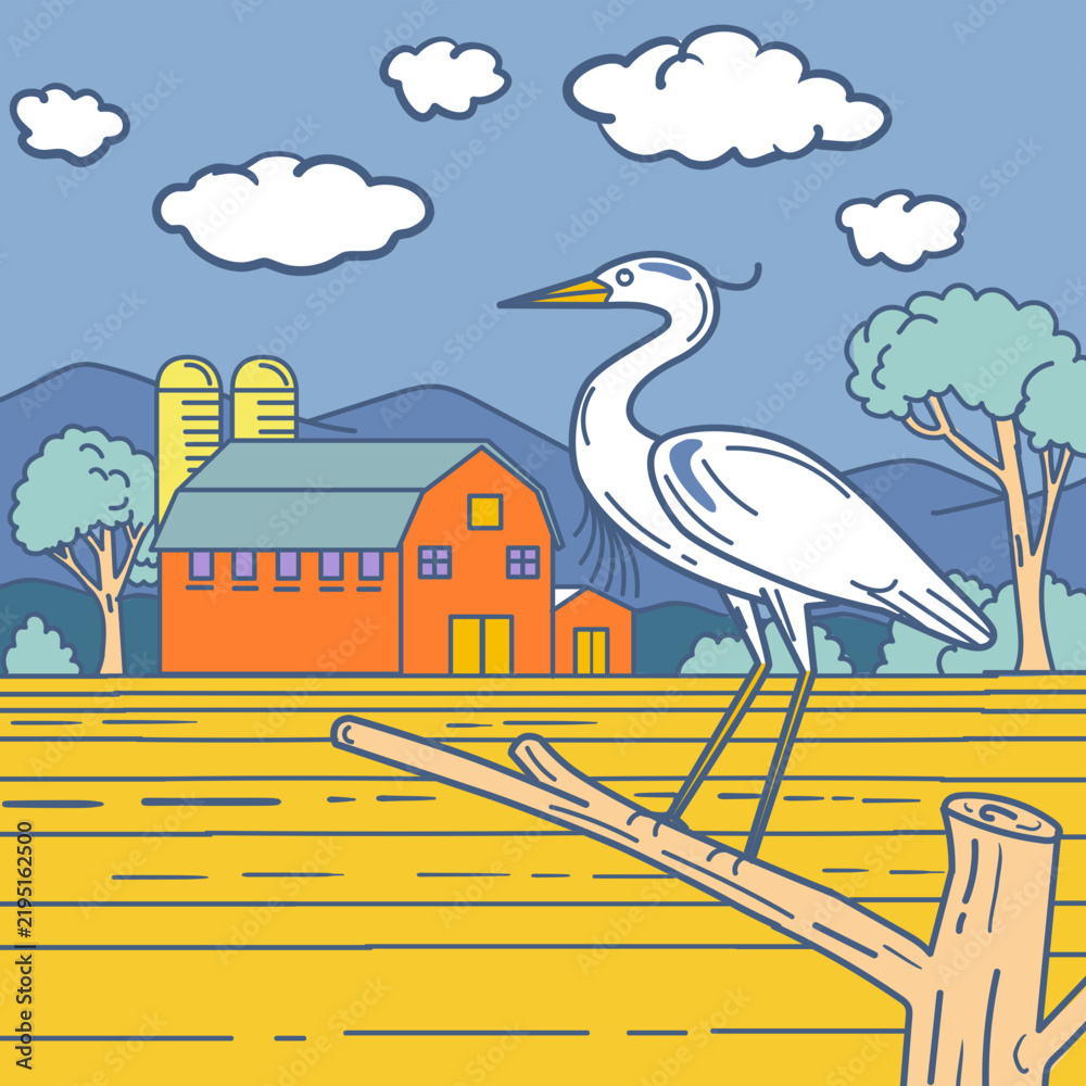 Fototapeta premium Line illustration of a great blue heron perched on a branch viewed from the side with barn farm silo in the background done in retro style. 