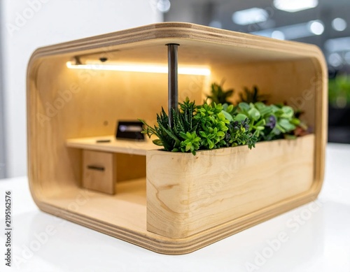 Modern Wooden Mini Office Nook with Integrated Planter, LED Lighting, and Biophilic Design