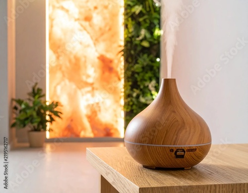 Natural Wood Essential Oil Diffuser with Mist in a Modern Wellness Space
