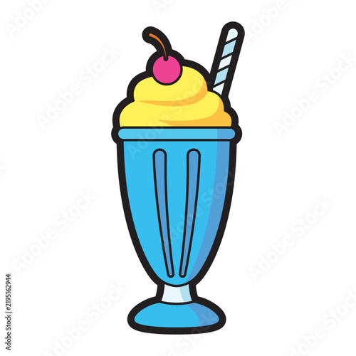Delicious yellow whipped cream tops a cherry straw blue milkshake in a glass dessert, perfect for summer menus for food blogs