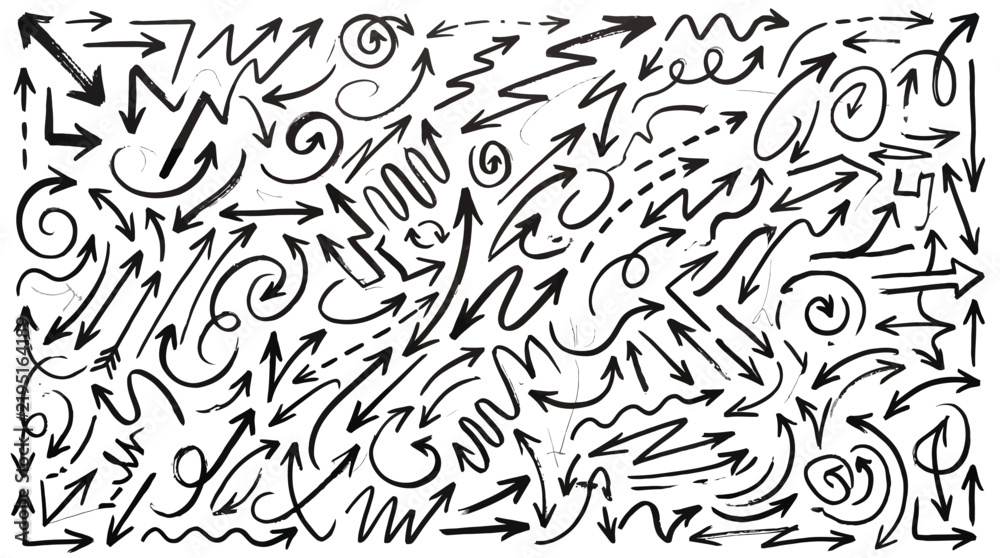 Fototapeta premium Hand drawn black arrow set featuring diverse directional signs sketches on a simple white paper background