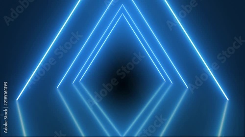 Glowing blue neon triangle tunnel motion background for video projects