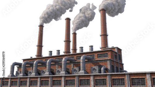 Industrial factory with brick chimneys emitting smoke, isolated on transparent background