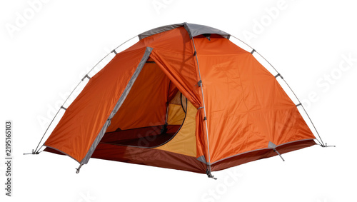 Orange dome camping tent with gray accents, isolated on transparent background