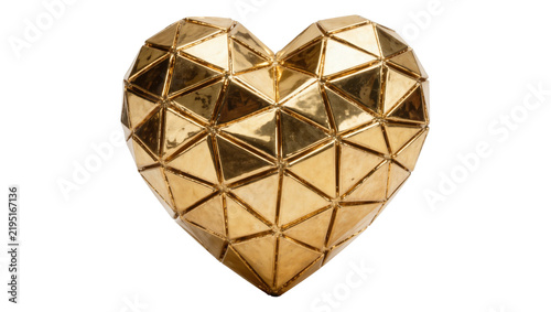 Cuadro en lienzo Geometric golden heart sculpture with faceted surface, isolated on transparent b