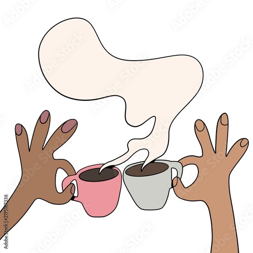 hand holding cup of coffee, morning coffee meeting, white background 