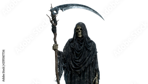Fotografie Grim Reaper holding a scythe with a skeletal hand, isolated on transparent backg
