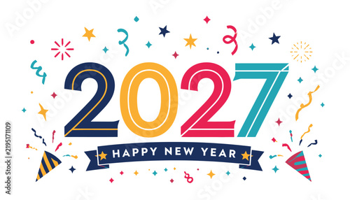 Happy New Year 2027 vector illustration, festive 2027 number typography with confetti and party poppers, colorful holiday celebration banner