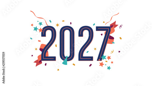 Happy New Year 2027 vector illustration, festive 2027 typography with confetti and ribbons, celebratory calendar year design for greeting cards