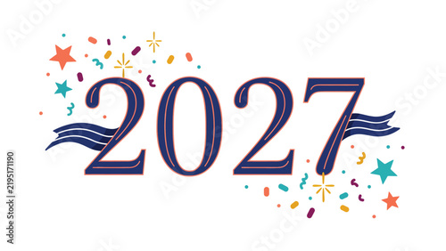 Happy New Year 2027 typography, festive 2027 number with colorful confetti and stars, celebratory annual event vector illustration for greeting cards