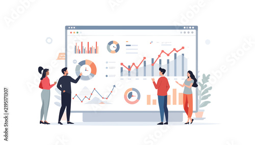 Business data analysis dashboard with professional team, financial growth charts and marketing statistics, corporate analytics vector illustration