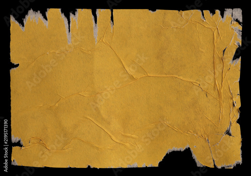 Yellow Crumble ragged wrinkled paper pieces patch collage. Art Poster wall. Abstract grunge dirty texture black background.