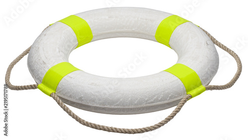 Картината върху платно White lifebuoy with yellow bands and rope, isolated on transparent background