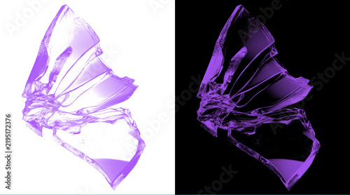 Foto Abstract purple glass shards on white and black backgrounds, shattered crystal f