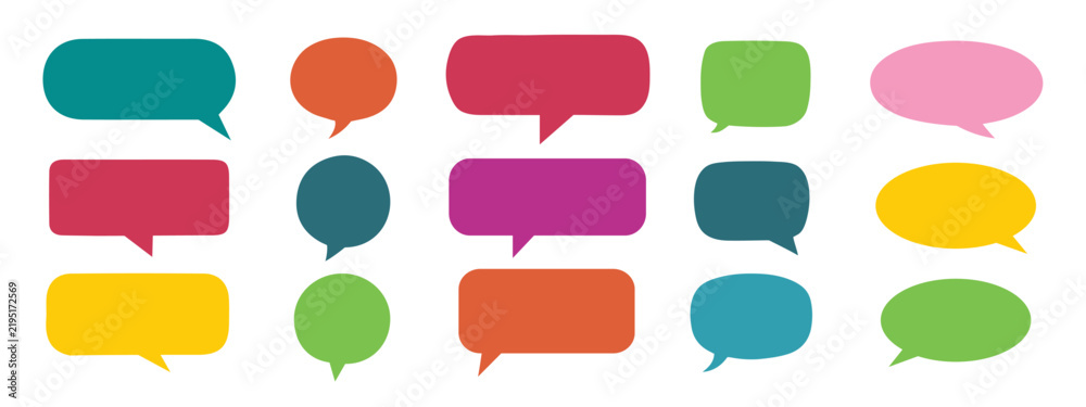 Fototapeta premium Big set of different colored speech bubbles. Collection of colorful speech balloons, chat bubbles, and dialog boxes on white background. 