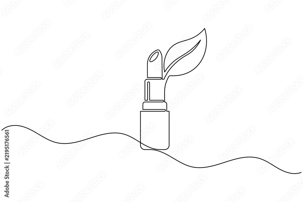 Obraz premium Lipstick with leaf icon continuous one line drawing minimalist organic cosmetic outline vector illustration