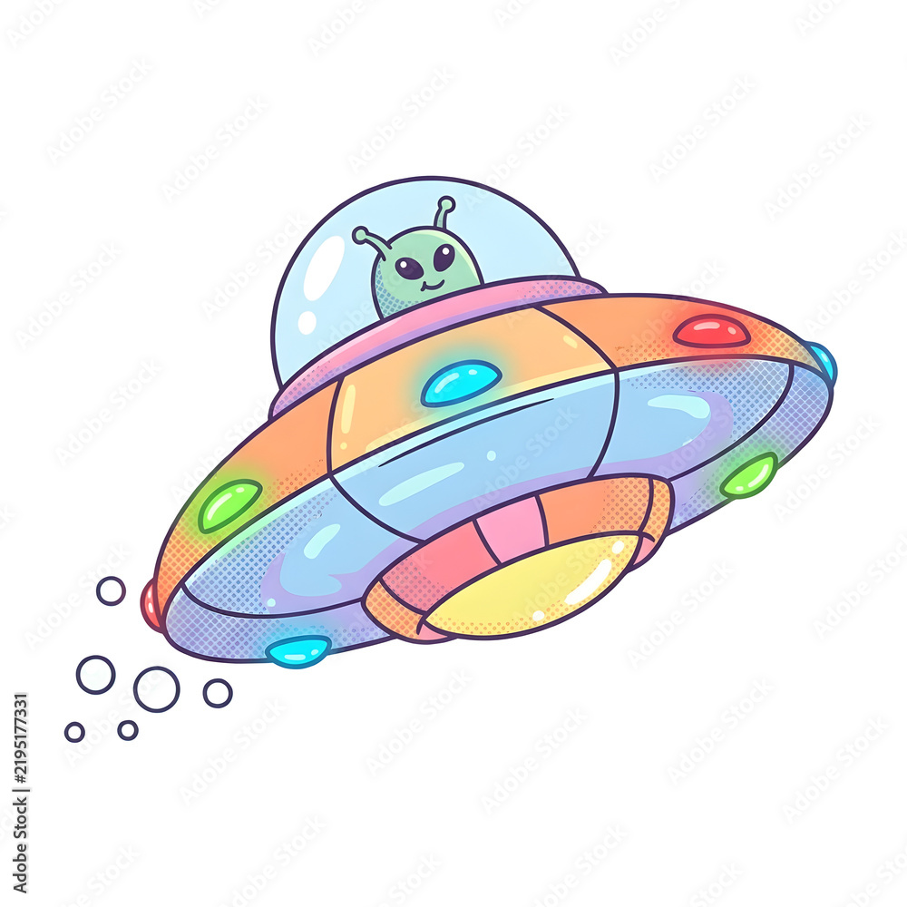 Fototapeta premium Cute UFO Spaceship with Alien Vector Illustration Colorful Cartoon Flying Saucer Space Vehicle Asset Isolated on White Background