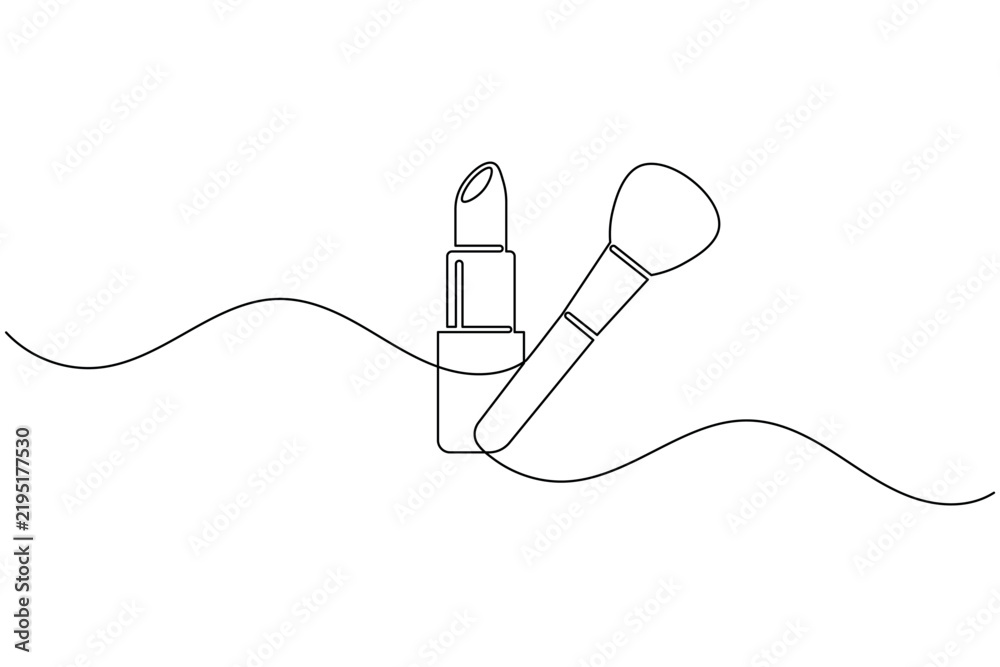 Obraz premium Lipstick and makeup brush continuous line drawing minimalist beauty makeup outline illustration