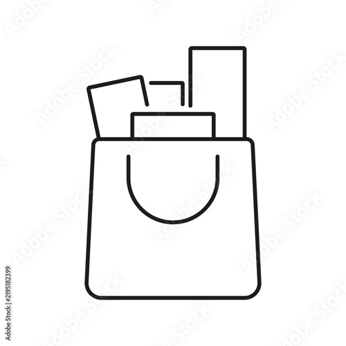 Minimal outline vector illustration of a paper shopping bag containing retail products, representing shopping, consumer goods, sustainable packaging, retail stores, boutiques, and e-commerce purchases