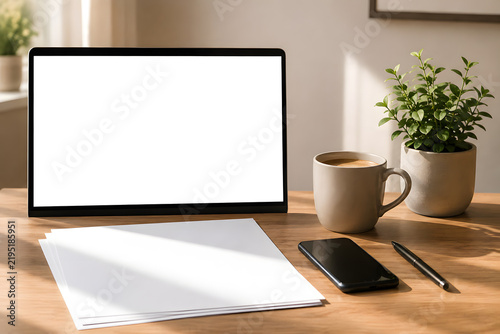 Obraz na płótnie Freelancer invoice workspace with blank laptop display and documents