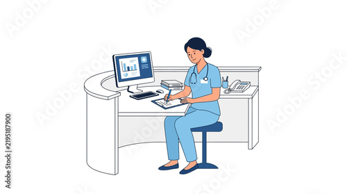Photography Nurse at reception desk with computer and stethoscope, working.