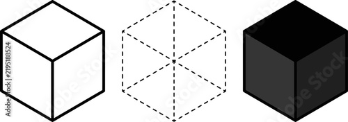 Isometric cube icons set, 3D geometric shapes, black and white vector