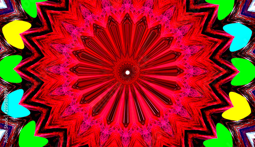A vibrant mandala-like design with a red circular center. Multi-colored heart shapes surround the main pattern, creating a lively appearance.