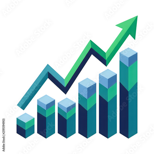 3d bar chart with an upward trending arrow representing business growth and financial success isolated on transparent background