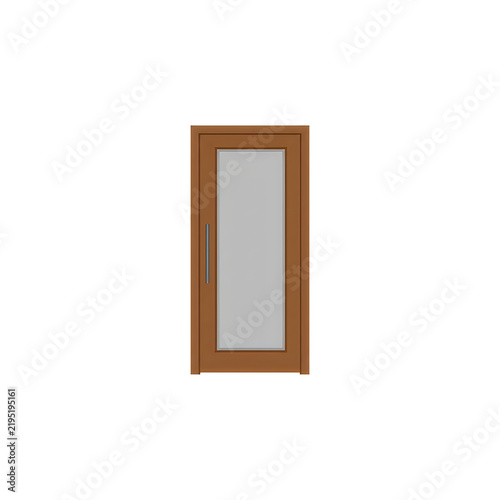 Modern wooden door with a central glass panel and a vertical silver handle isolated on white background