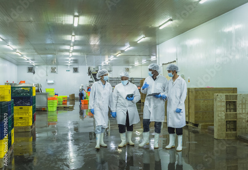 Diverse Quality Walk Through Cold Storage Food Factory : Team multiracial inspector sterile lab coat hairnet rubber boot inspect storage seafood processing facility while walking across wet floor