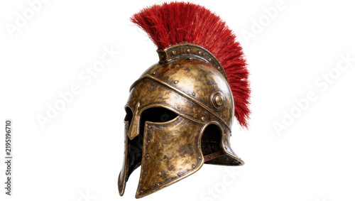 Ancient Greek Corinthian helmet with red plume, isolated on transparent background