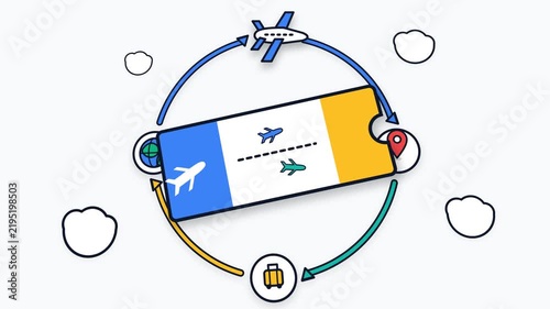 Travel ticket and airplane flying around icons on light background