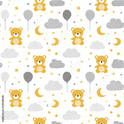 Gentle nursery pattern with clouds, moons, stars, teddy bears and balloons for baby room decor