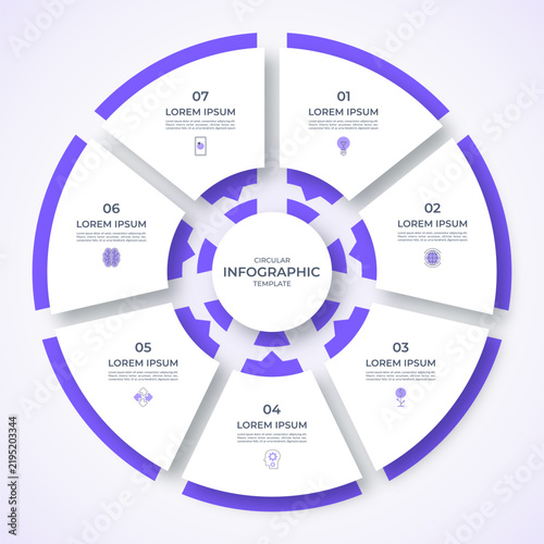 Seven step circular infographic template. Can be used for for report, business analytics, data visualization, strategy, planning, presentation. Vector cycle diagram.