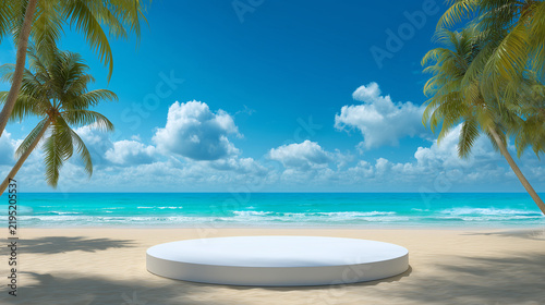 Design podium composition exploring dais and sky in an expressive visual style. Advertising concept shaped by sun in a vivid imaginative scene. Elements include circle stage for product.