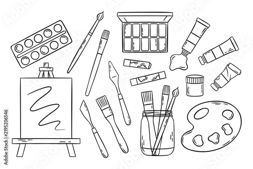 Big vector set of painting and drawing tools, brushes and paints. Simple black and white icons in doodle and sketch style for art supplies branding or creative projects