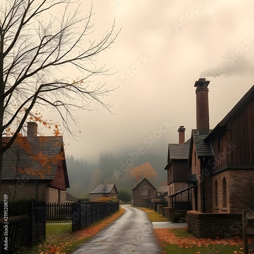 A foggy autumn morning in a small village, with soft smoke rising from the chimneys.