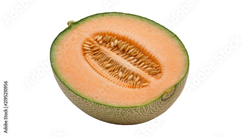 Half cantaloupe melon with orange flesh and seeds, isolated on transparent background