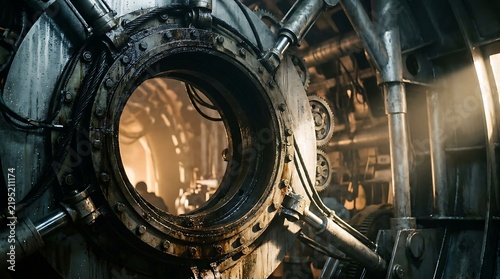 Industrial Heavy Machinery Circular Metal Hatch in Dark Factory