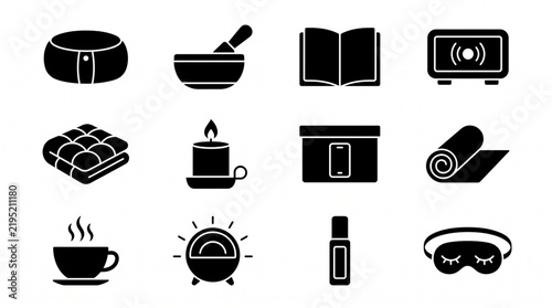 Set of black silhouette wellness sleep and relaxation icons including sleep mask candle coffee and yoga mat