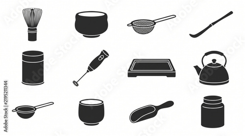 Matcha tea ceremony equipment black silhouette icons set including whisk bowl strainer and scoop