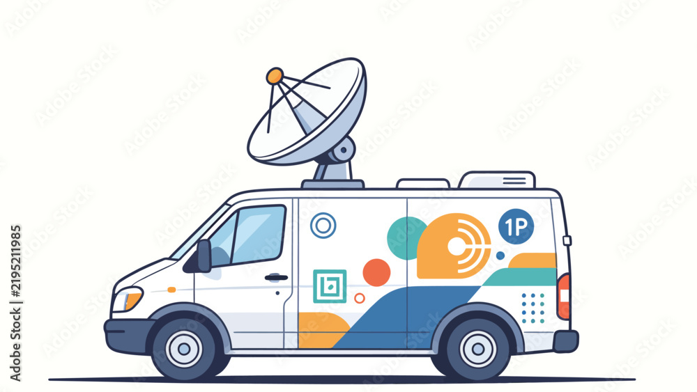 Fototapeta premium Modern White Mobile Satellite Communication Van with Geometric Abstract Branding Design and Roof-Mounted Dish