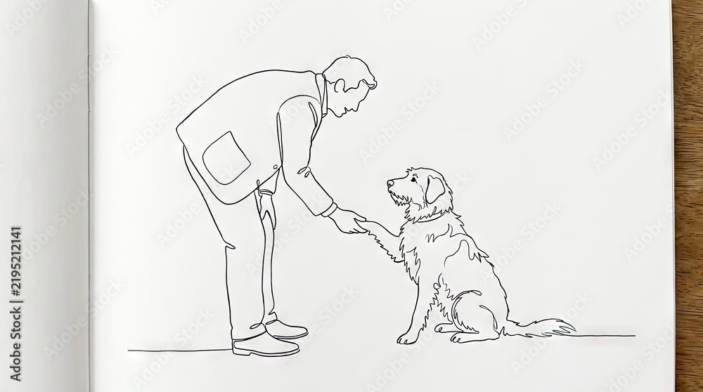 Fototapeta premium Line drawing of man shaking hands with his dog.