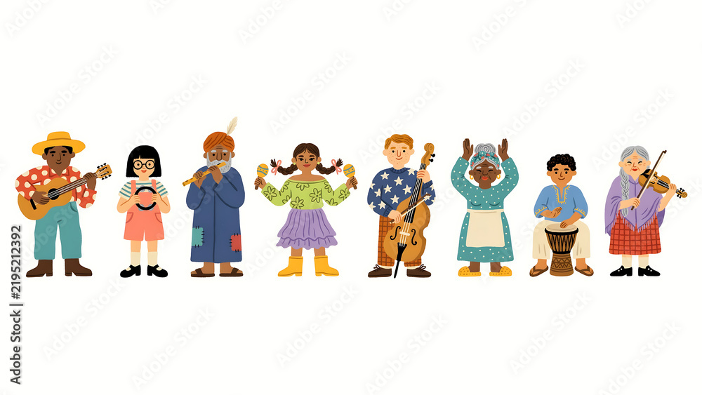 Fototapeta premium Diverse folk musicians set with traditional instruments, multicultural band of people playing music, colorful character illustrations on white background
