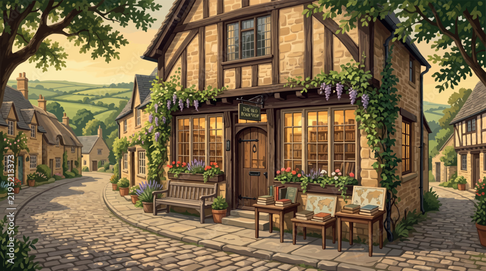 Fototapeta premium Bookshop illustration vector art featuring a charming European village street with historic timber buildings and cobblestone alley