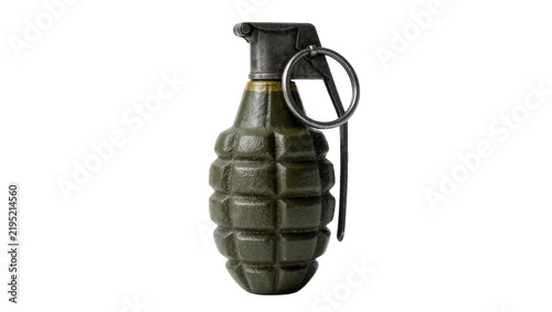 Bild auf Leinwand Olive green fragmentation hand grenade with metal lever and ring, isolated on tr
