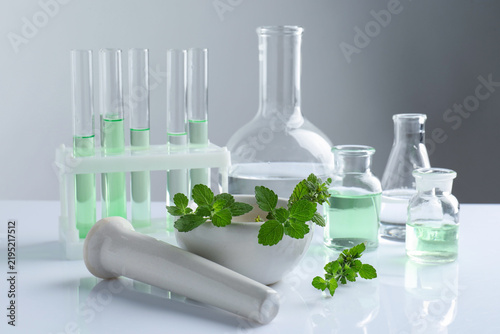 Cuadro en lienzo Mortar with pestle, fresh mint leaves and glassware on white table, closeup