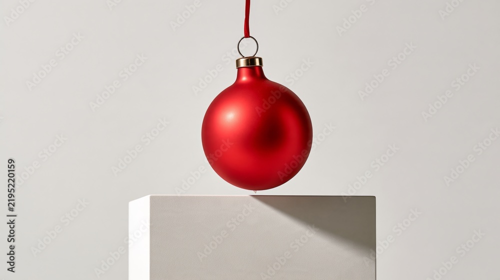 Fototapeta premium Funny Christmas minimalism photo of a single red bauble balancing on a white cube, white wall.