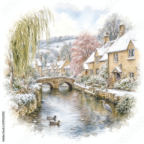 Snow Dusting Cotswold Village Rooftops in Winter