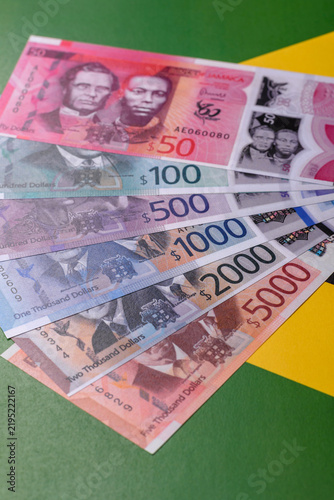 Jamaica, Jamaican paper money, dollar banknotes and cent coins for exchange. Jamaica money
